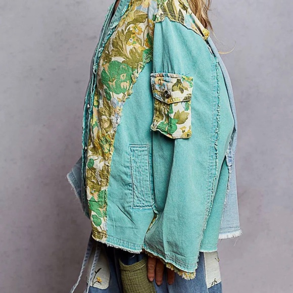 POL BOHO Denim & Teal Button Down Floral VNeck long sleeve Raw Hem Shirt Top - Picture 6 of 7